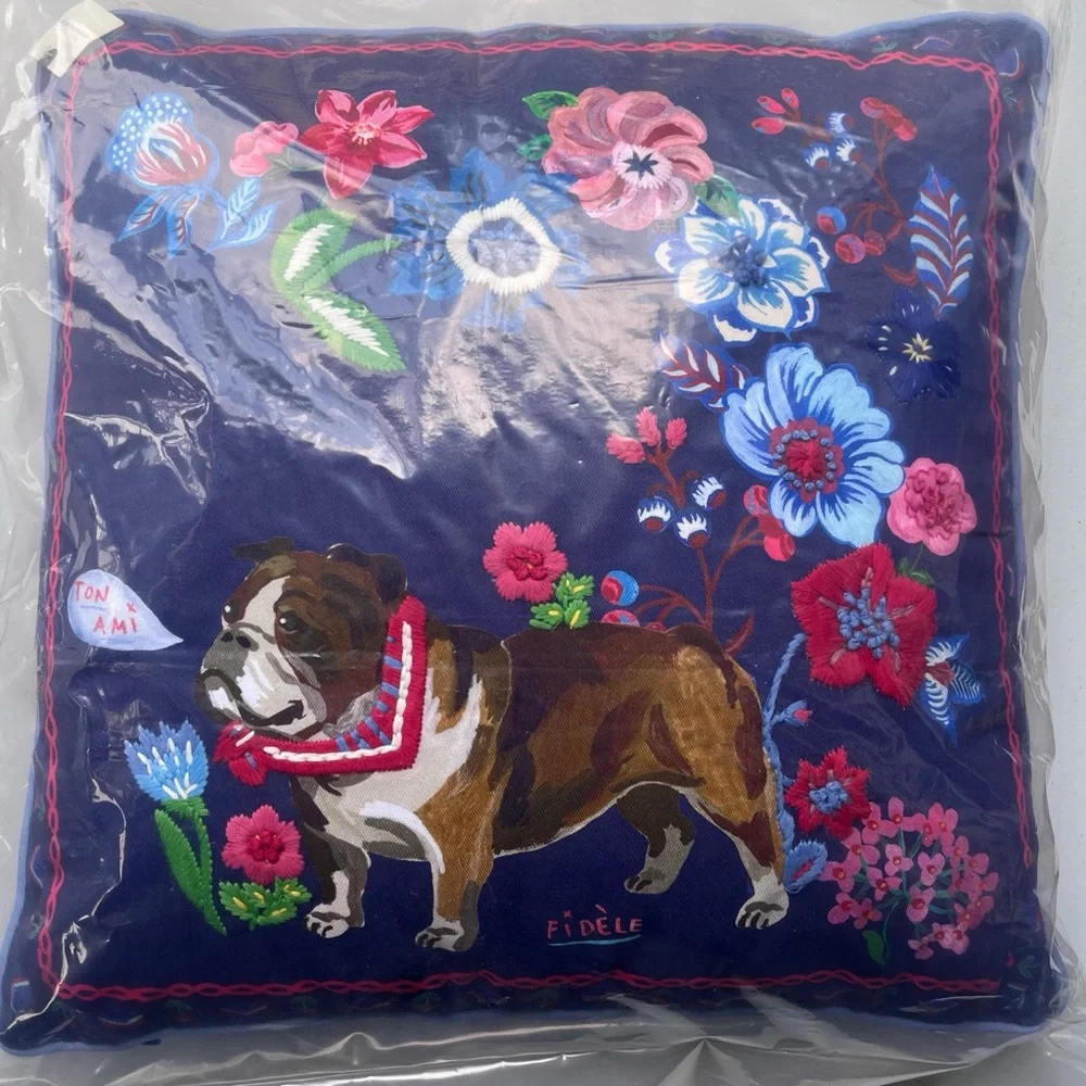 NWT Anthro Nathalie Lete Embroidered Bulldog Floral Whimsical Pillow 18x18